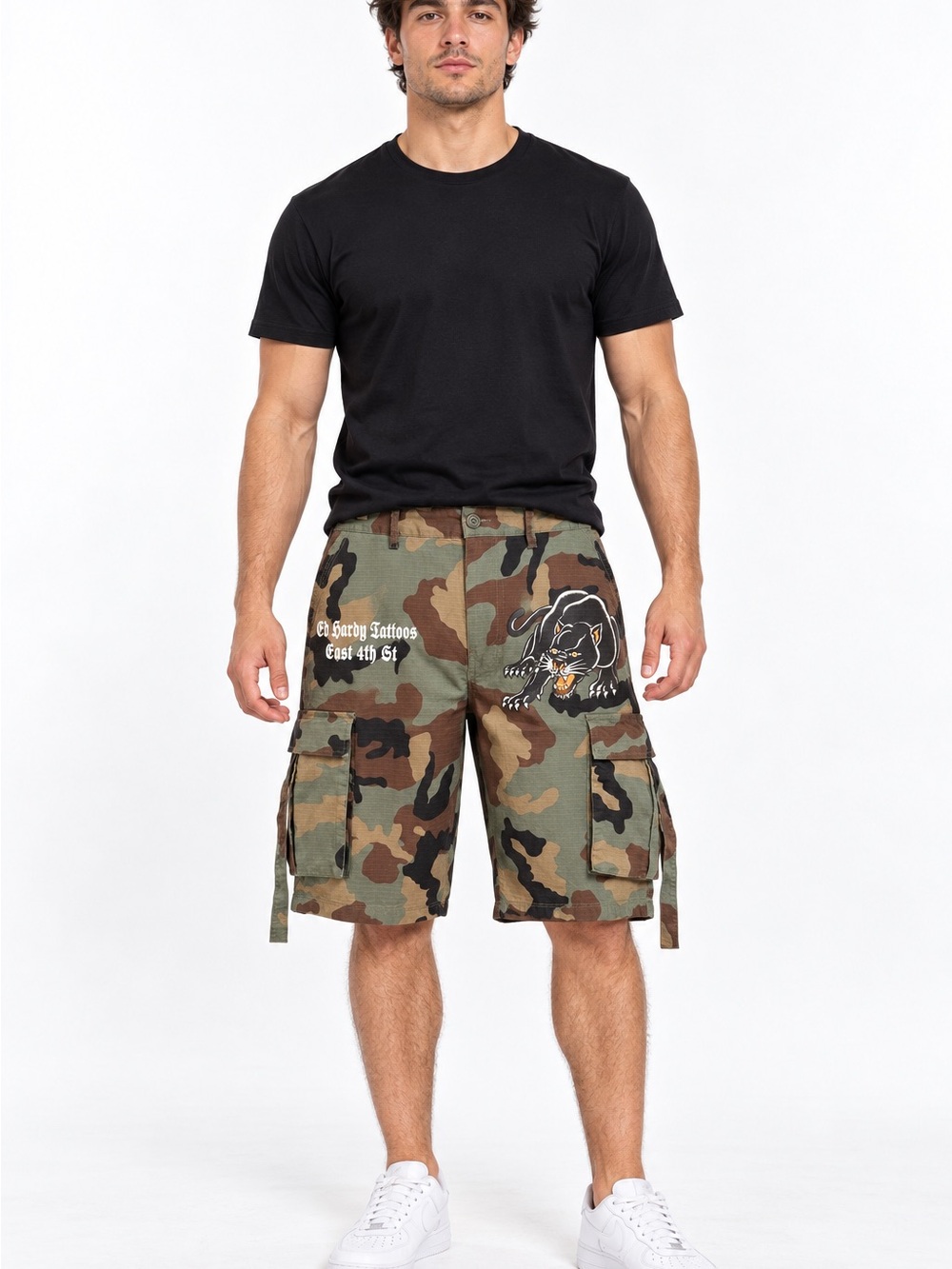 Ed Hardy Camo Cargo Shorts with Panther Graphic - Green/Brown/black